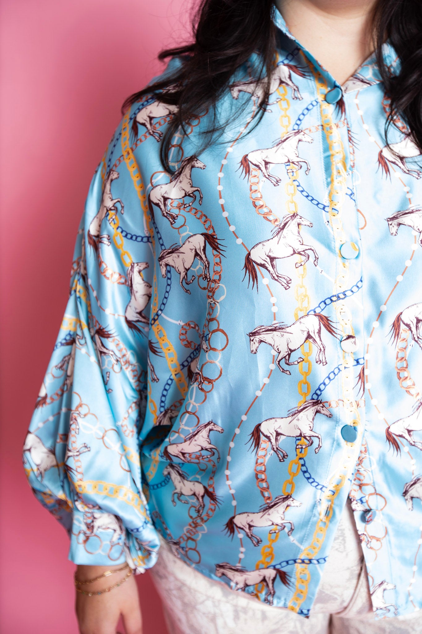 Beulah Style | Chris Multicolor Chain & Horse Printed Satin Blouse