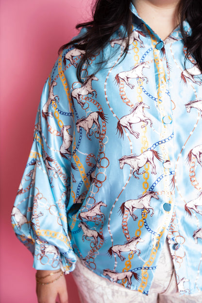 Beulah Style | Chris Multicolor Chain & Horse Printed Satin Blouse