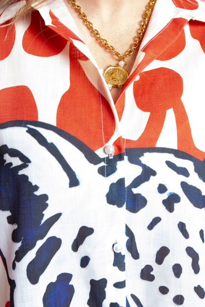 Beulah Style | Percy Animal & Abstract Printed Linen Maxi Shirt Dress