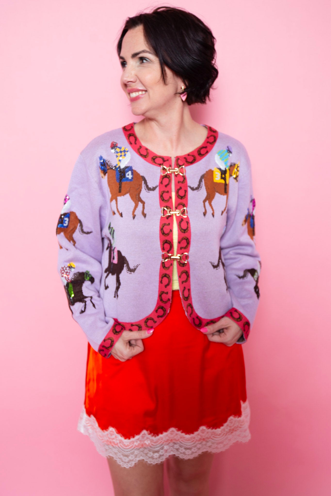 Queen Of Sparkles | Lavender & Pink Jocky & Horse Button Up Cardigan