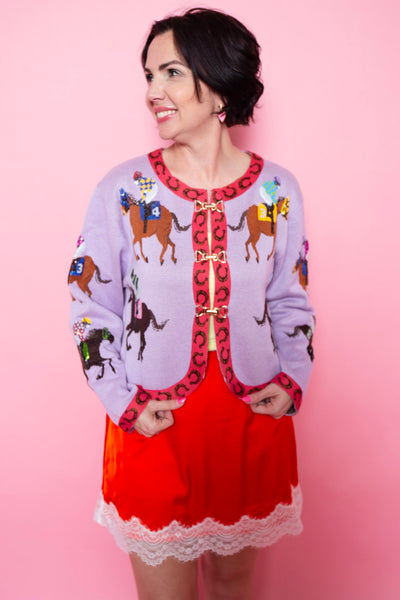 Queen Of Sparkles | Lavender & Pink Jocky & Horse Button Up Cardigan