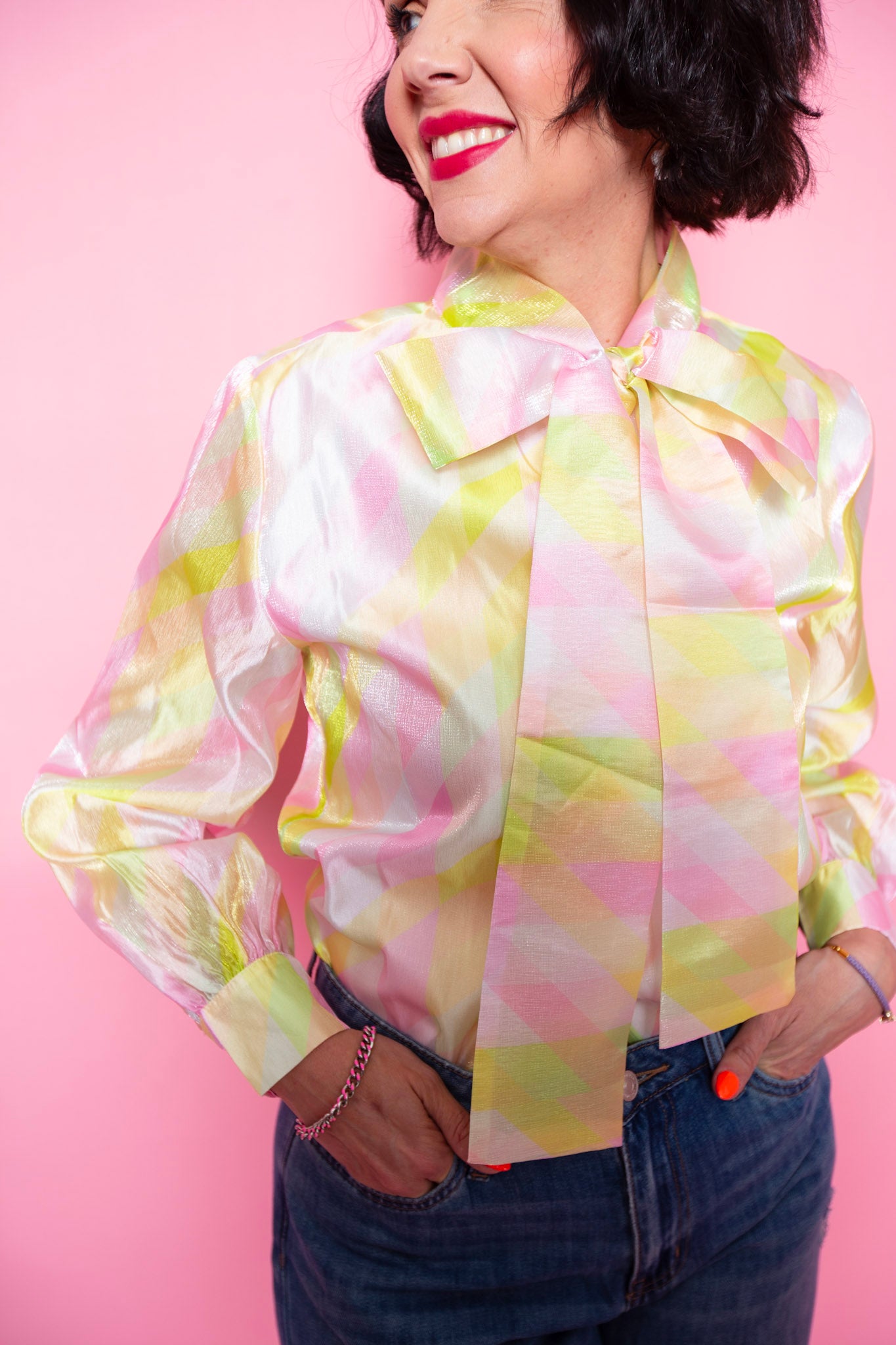 Brianna Cannon | Geometric Button Down Blouse With Bow