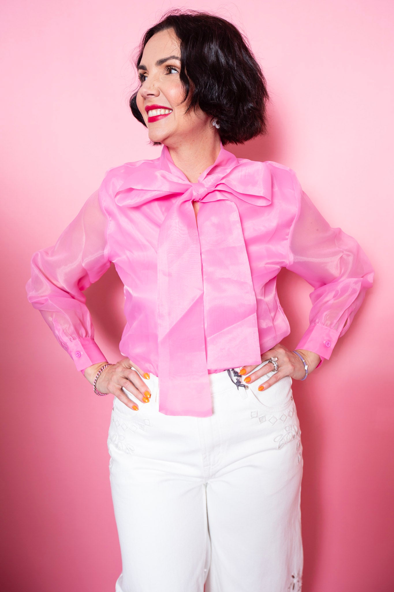 Brianna Cannon | Light Pink Button Down Blouse With Bow
