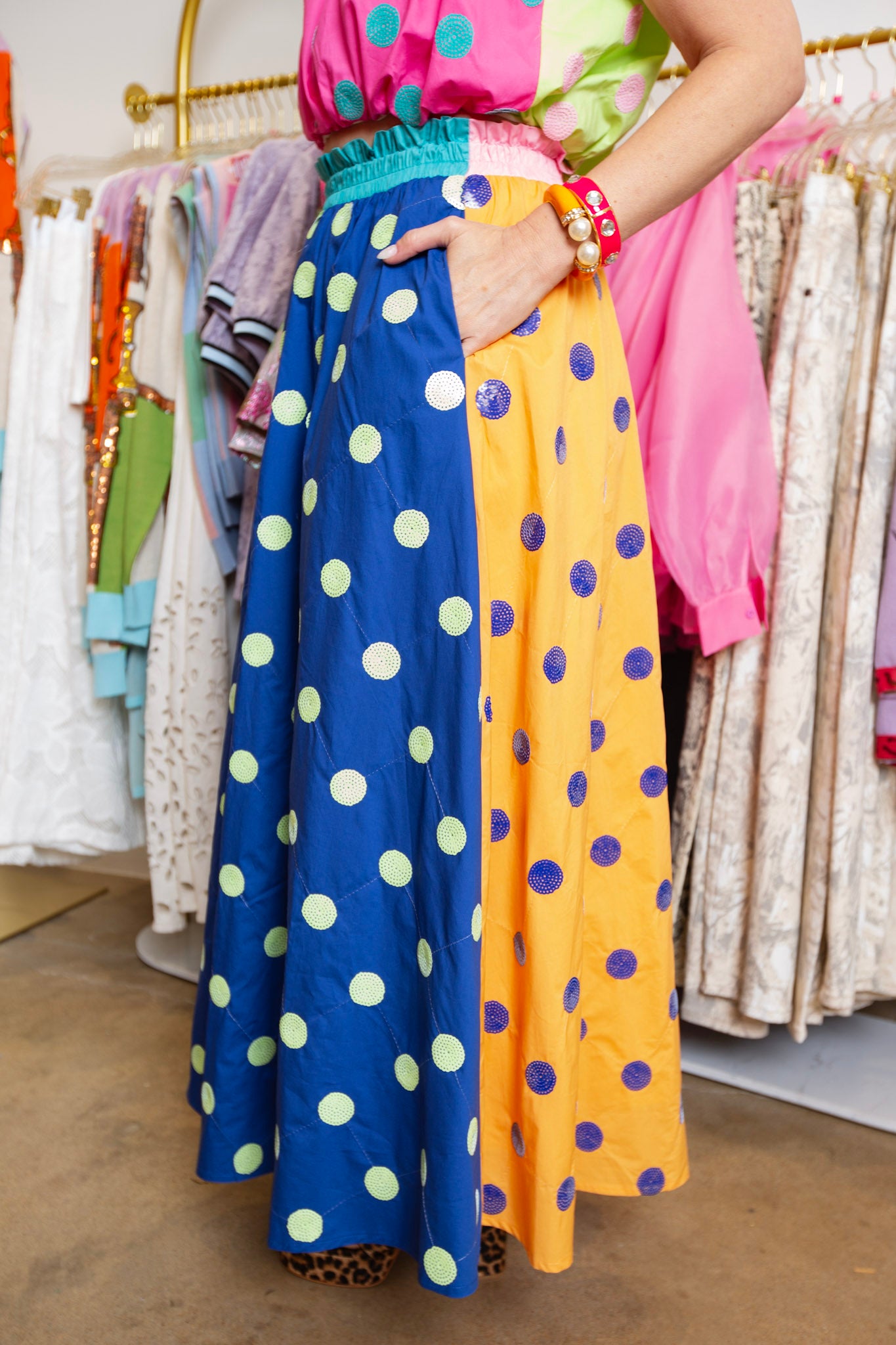 QUEEN OF SPARKLES | Color Block Multi Color Polka Dot Skirt