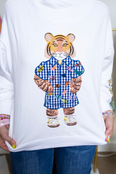 Queen Of Sparkles | Tiger Wearing Gingham Romper Mock Neck