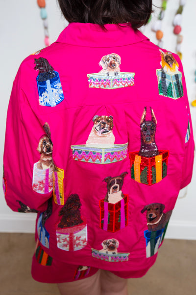 Queen Of Sparkles | Hot Pink Dogs in Present Boxes Button Up Top