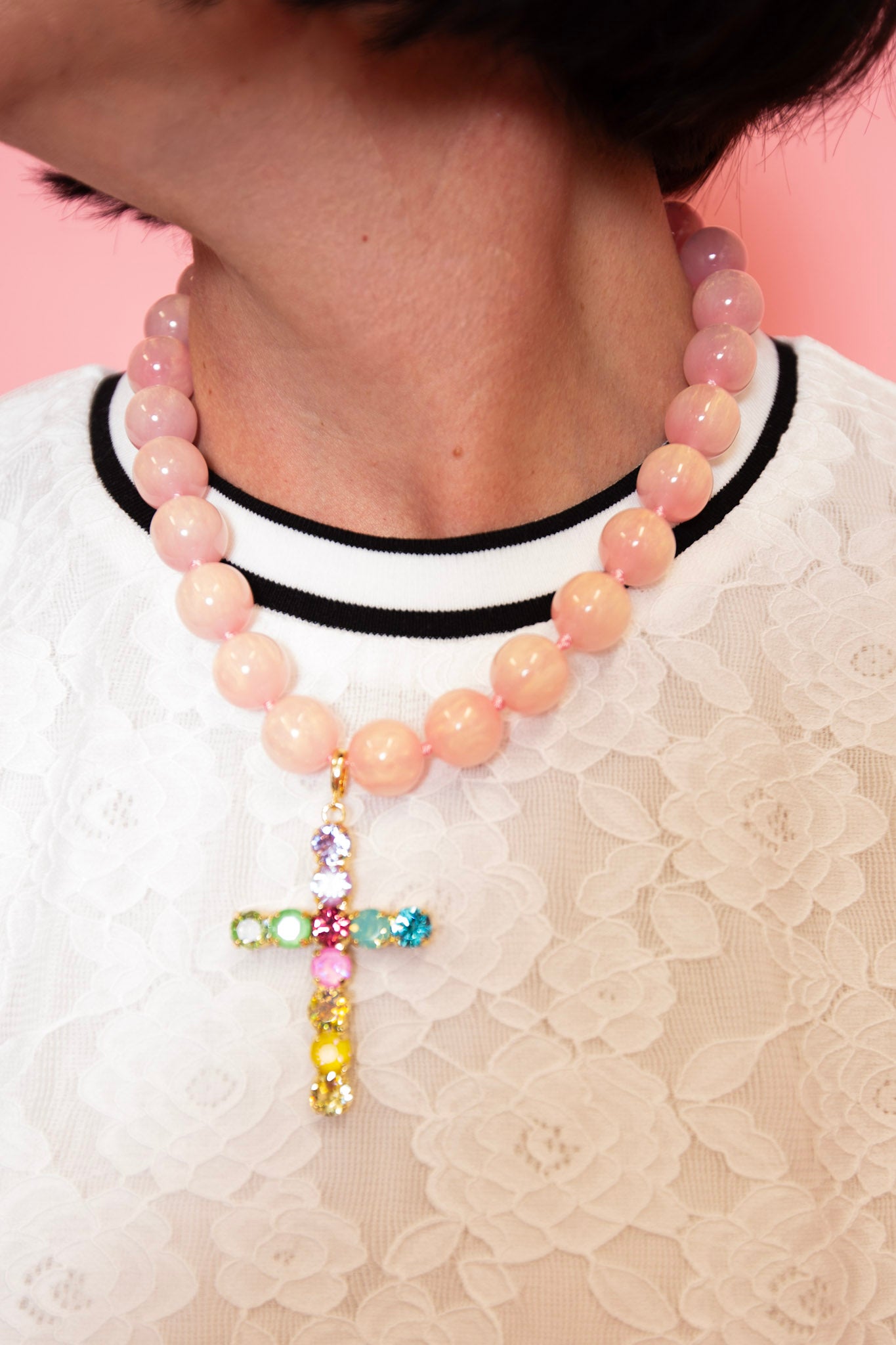 Pink Beaded Cross Necklace