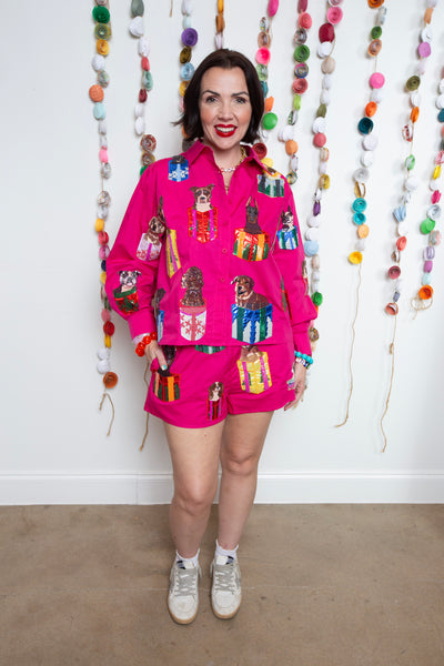 Queen Of Sparkles | Hot Pink Dogs in Present Boxes Button Up Top