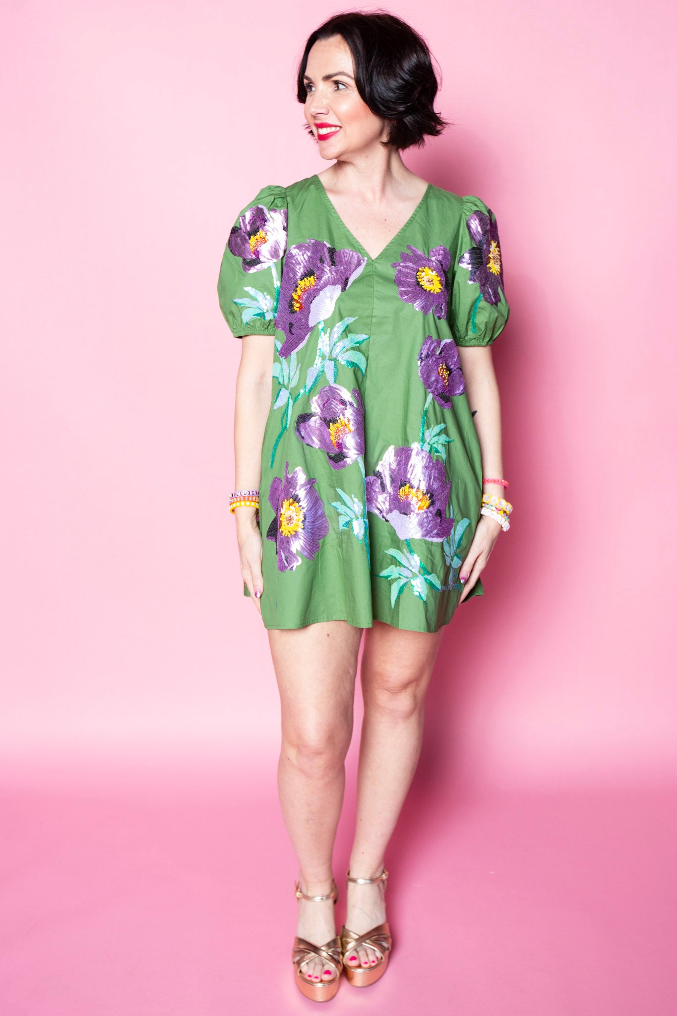 QUEEN OF SPARKLES | Green & Purple Poof Sleeve Flower Cotton Dress