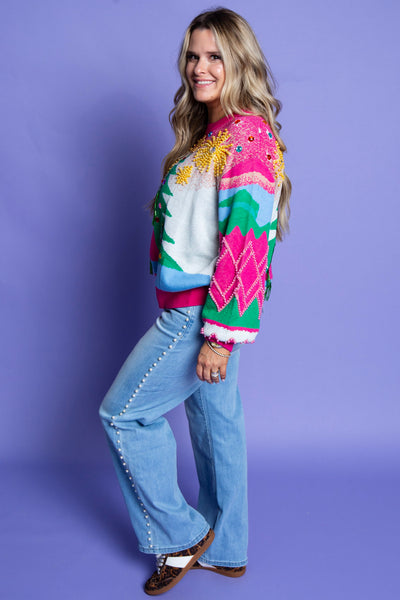 QUEEN OF SPARKLES | Multi Pearl Fringe Christmas Tree Sweater