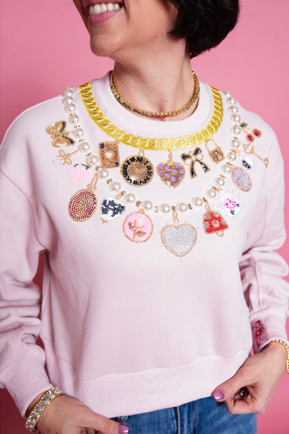 QUEEN OF SPARKLES | Pink Hearts Charm Necklace Sweatshirt