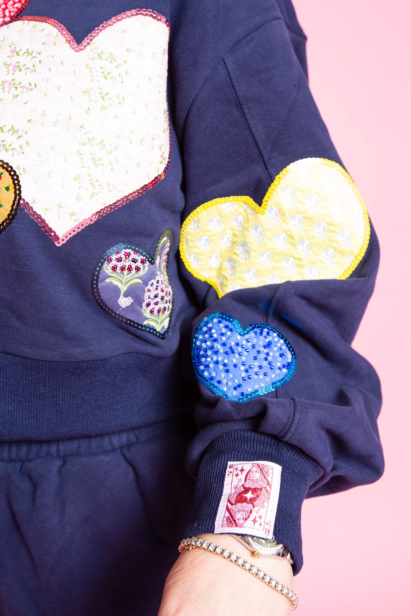 QUEEN OF SPARKLES | Navy Multi Embroidered Hearts Sweatshirt