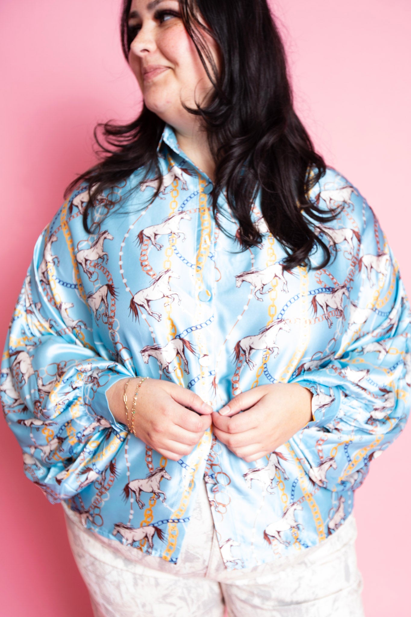 Beulah Style | Chris Multicolor Chain & Horse Printed Satin Blouse