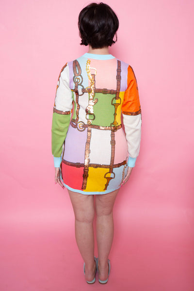 Queen Of Sparkles | Multi Colorblock Knit Horse Bit Long Sleeve Dress