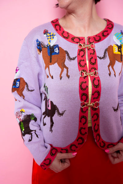 Queen Of Sparkles | Lavender & Pink Jocky & Horse Button Up Cardigan