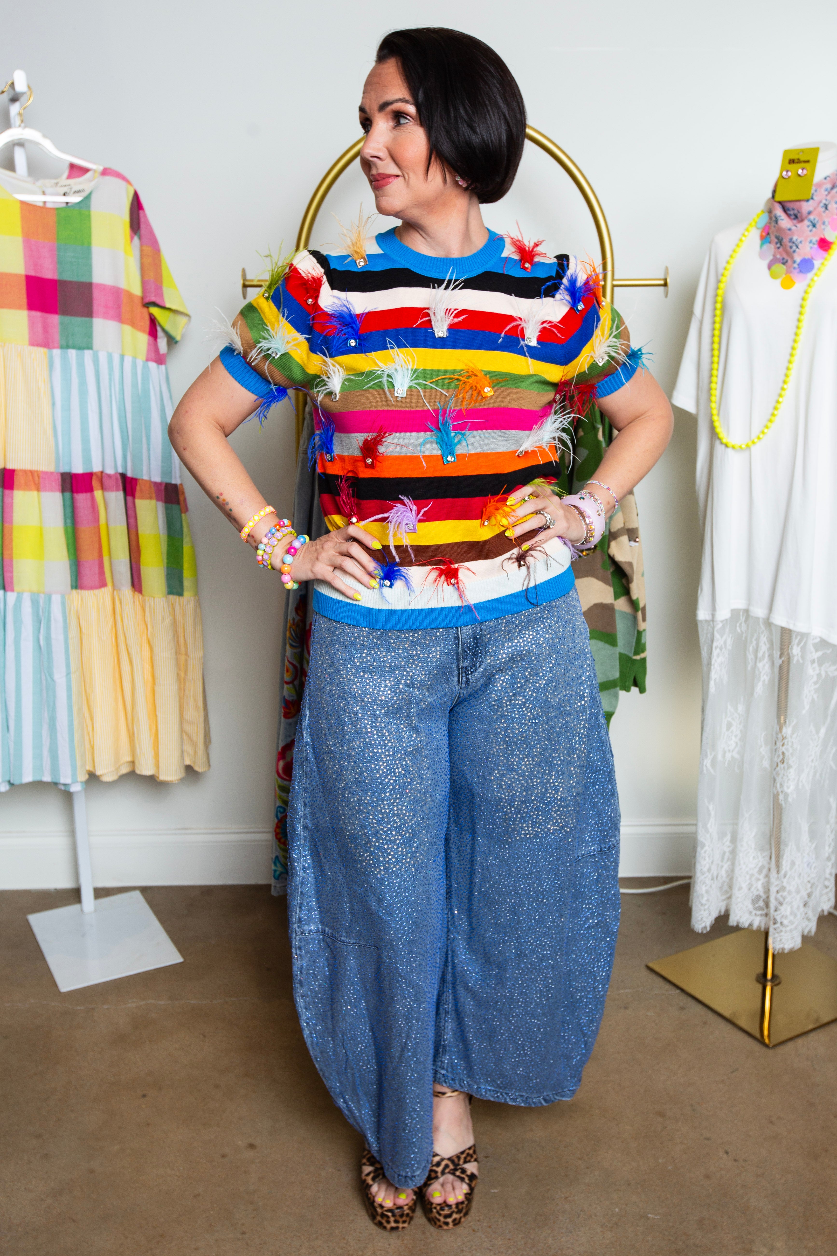 Queen Of Sparkles | Feather Stripes Knit Top