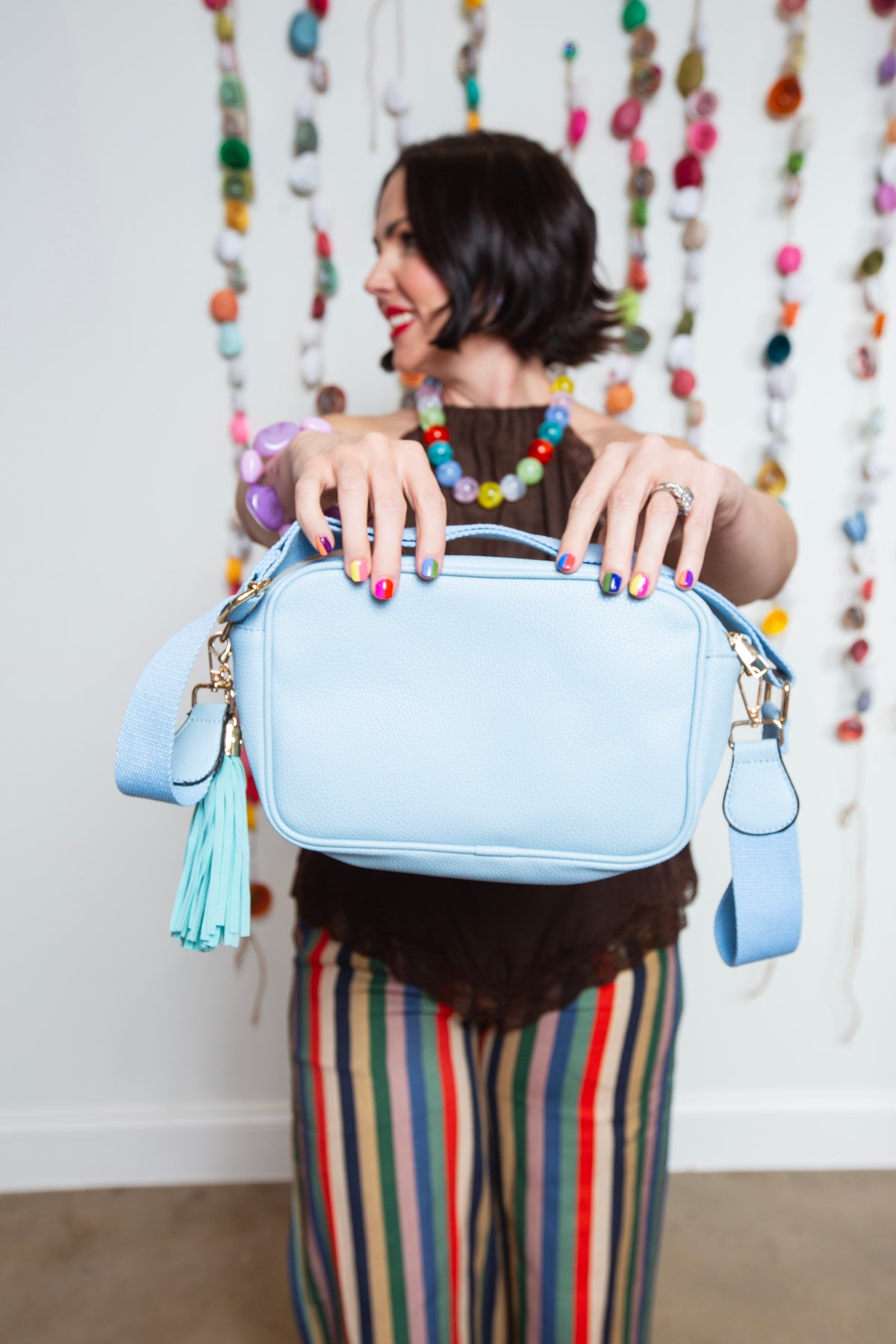 Tassel Rectangle Faux Leather Bag | Light Blue