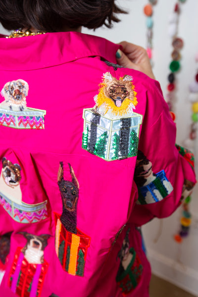 Queen Of Sparkles | Hot Pink Dogs in Present Boxes Button Up Top