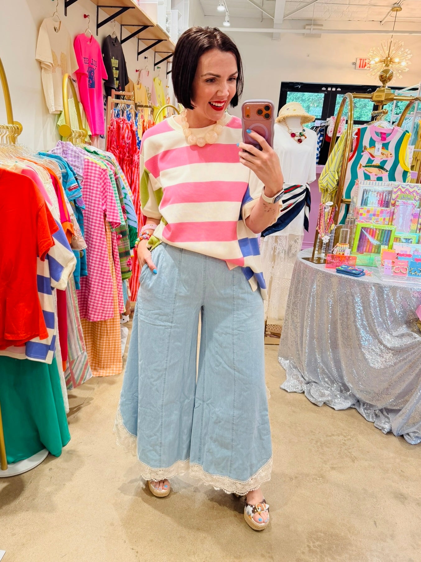 Wide Leg Tulip Lace Hem Jeans