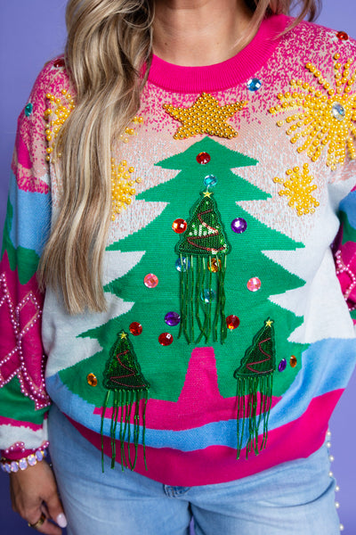 QUEEN OF SPARKLES | Multi Pearl Fringe Christmas Tree Sweater