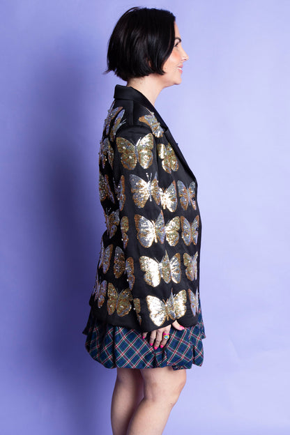 Queen of Sparkles | Black & Gold Sequin Butterfly Blazer
