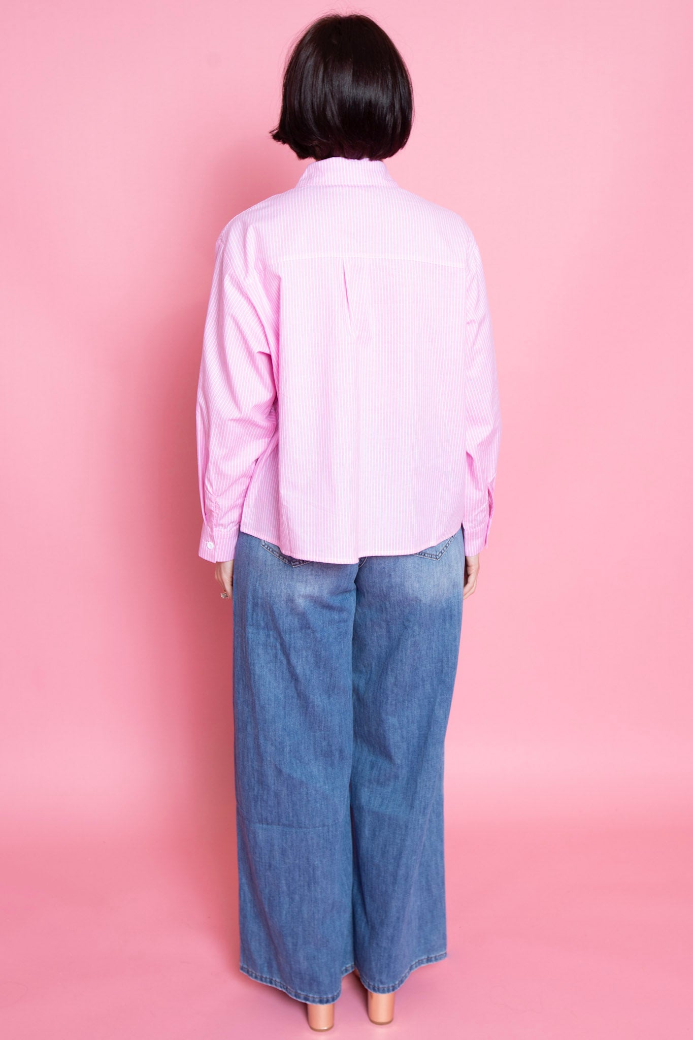 QUEEN OF SPARKLES | Pink Striped Sequin Swan Button Up Long Sleeve Top