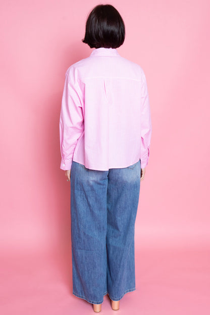 QUEEN OF SPARKLES | Pink Striped Sequin Swan Button Up Long Sleeve Top