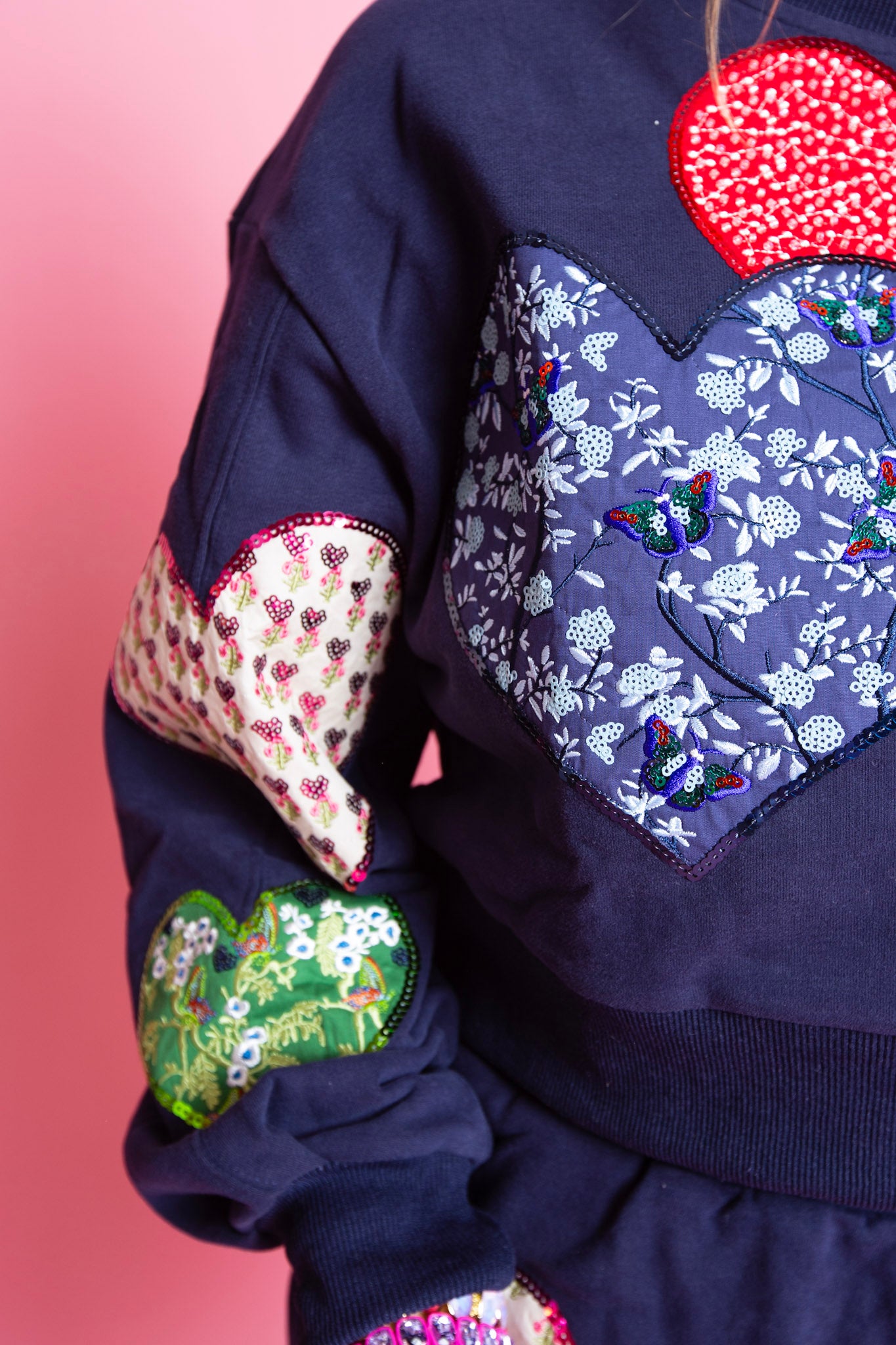 QUEEN OF SPARKLES | Navy Multi Embroidered Hearts Sweatshirt