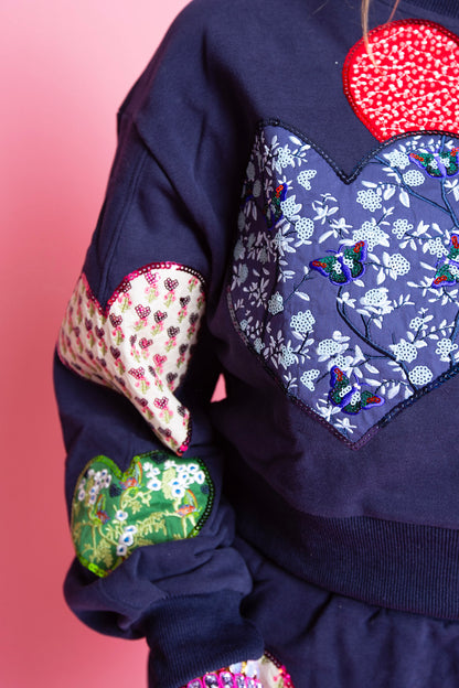 QUEEN OF SPARKLES | Navy Multi Embroidered Hearts Sweatshirt