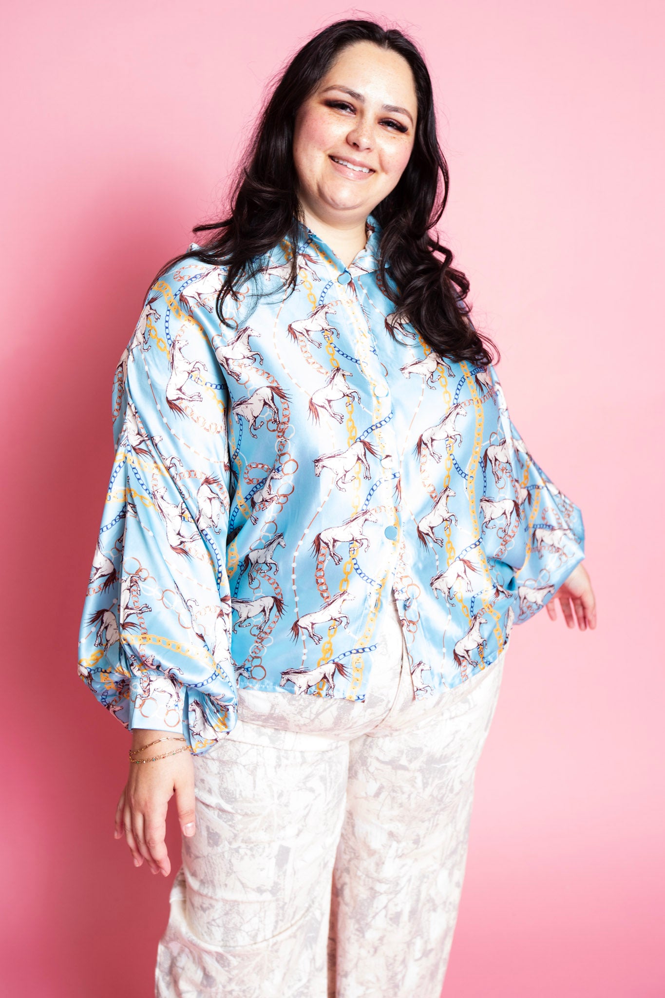 Beulah Style | Chris Multicolor Chain & Horse Printed Satin Blouse