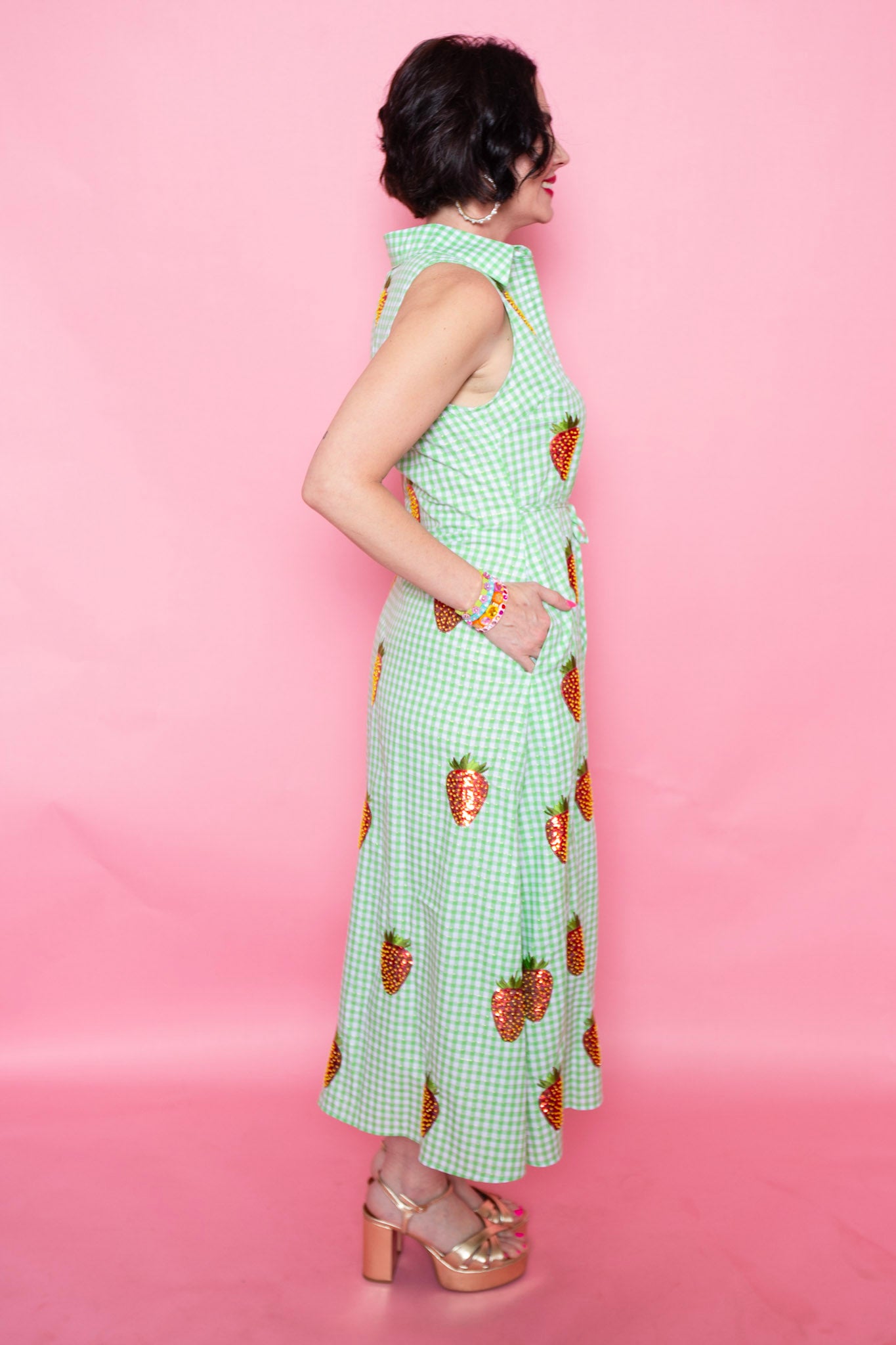 Queen Of Sparkles | Green & White Gingham Beaded Strawberry Button Up Collar Midi Dress
