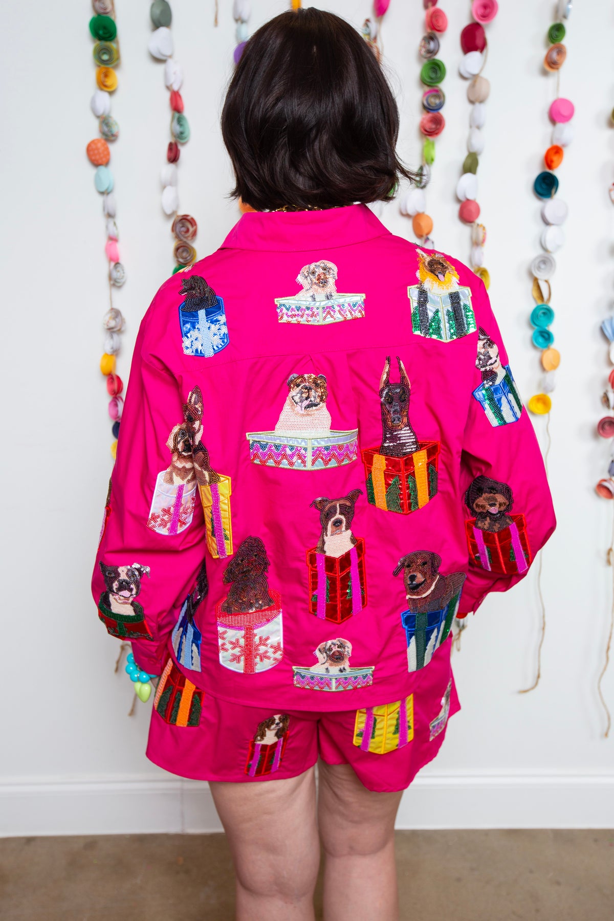 Queen Of Sparkles | Hot Pink Dogs in Present Boxes Button Up Top