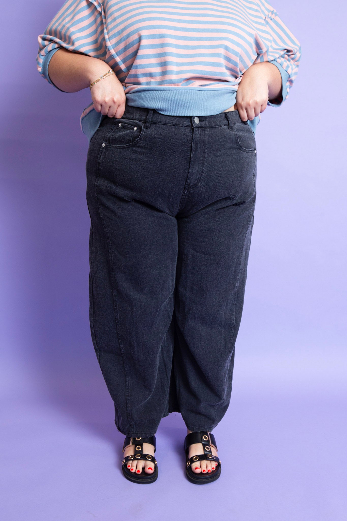 Black Acid Washed Barrel Denim Jeans | Plus