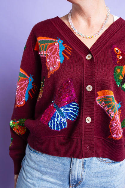 Queen of Sparkles | Maroon Multi Butterfly Knit Cardigan