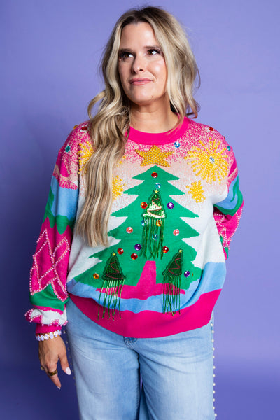 QUEEN OF SPARKLES | Multi Pearl Fringe Christmas Tree Sweater