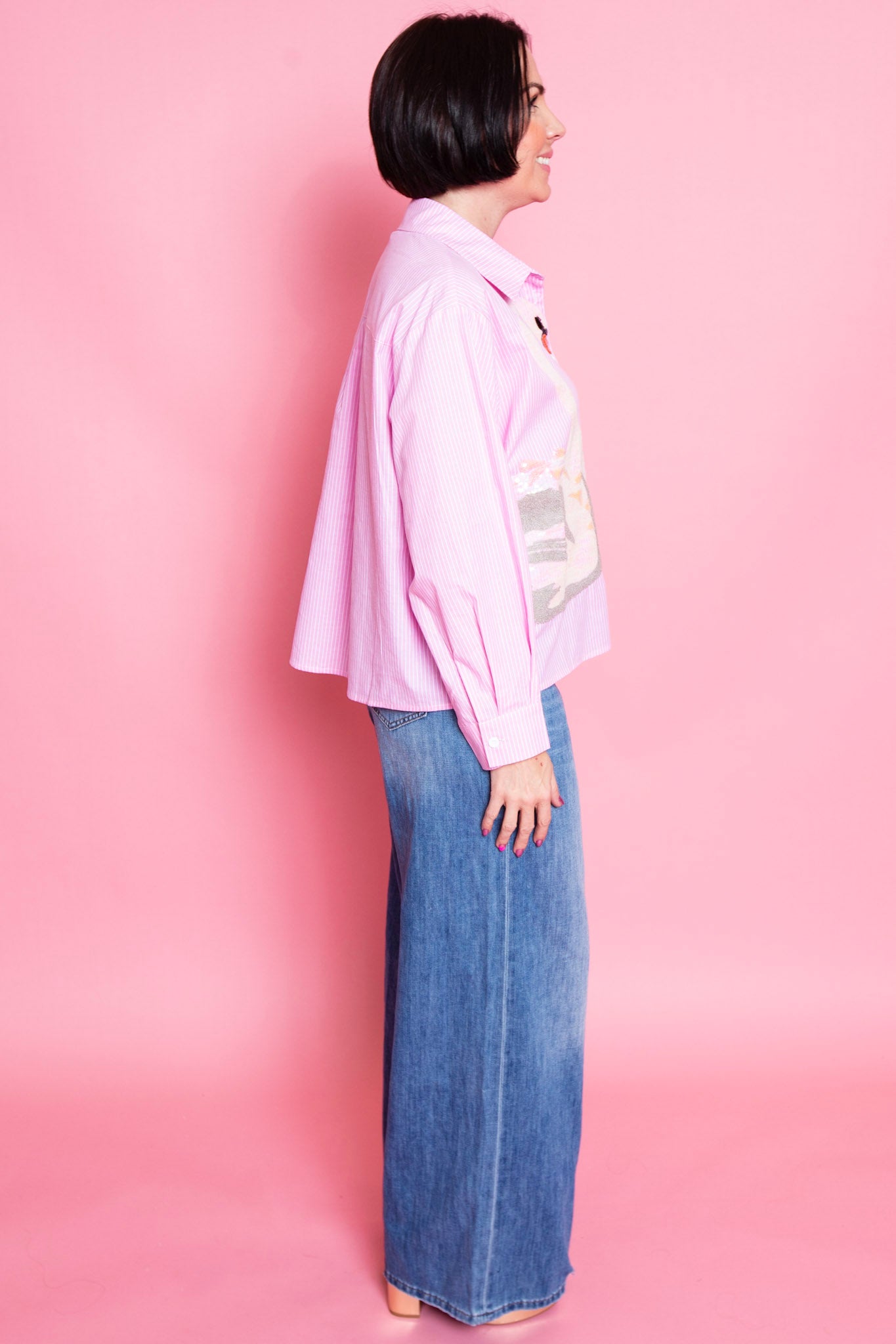 QUEEN OF SPARKLES | Pink Striped Sequin Swan Button Up Long Sleeve Top