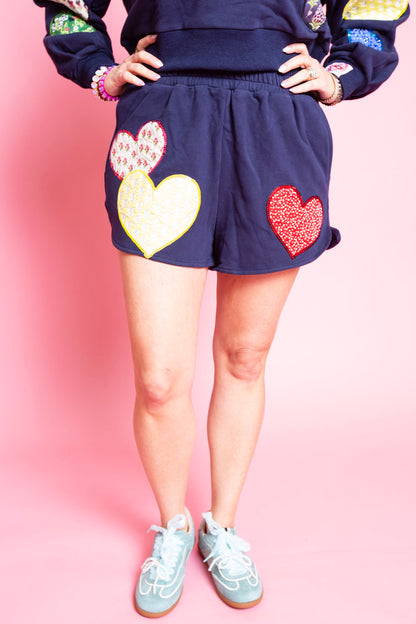 QUEEN OF SPARKLES | Navy Multi Embroidered Hearts Short