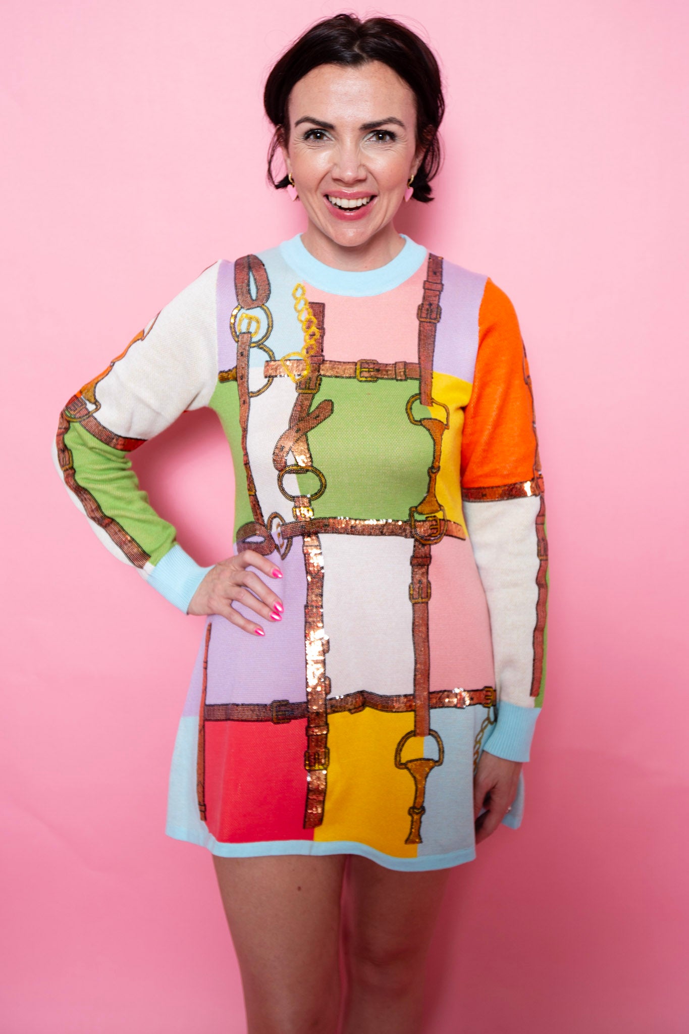 Queen Of Sparkles | Multi Colorblock Knit Horse Bit Long Sleeve Dress