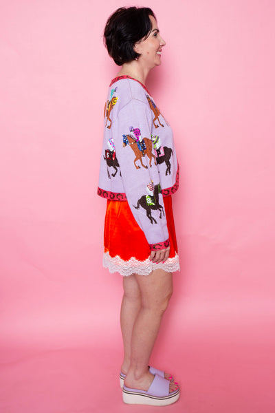 Queen Of Sparkles | Lavender & Pink Jocky & Horse Button Up Cardigan