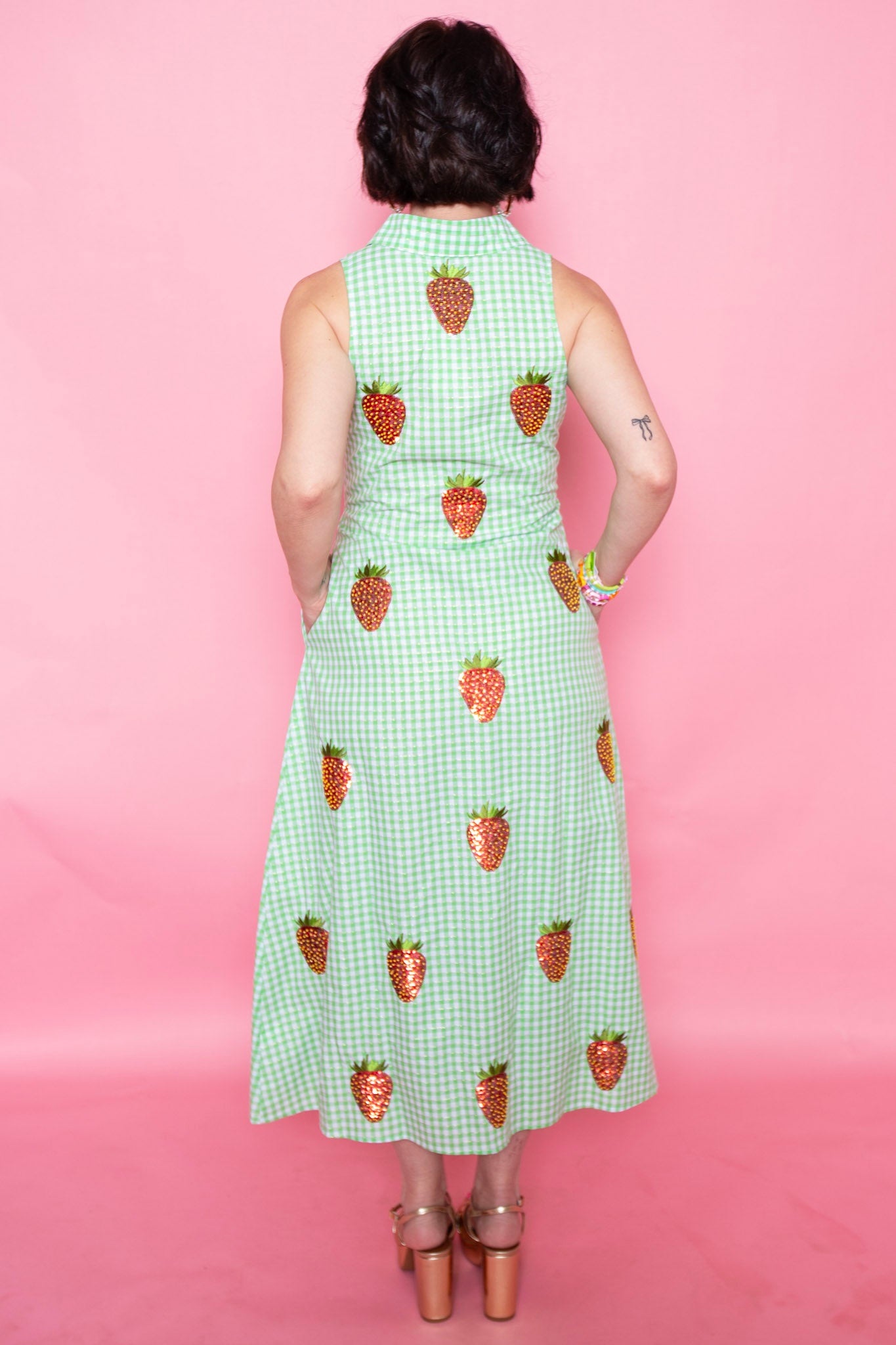 Queen Of Sparkles | Green & White Gingham Beaded Strawberry Button Up Collar Midi Dress