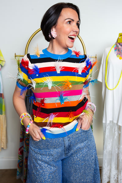 Queen Of Sparkles | Feather Stripes Knit Top