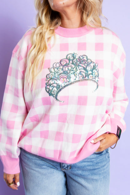 QUEEN OF SPARKLES | Pink & White Gingham Print Licensed Glinda Sweater