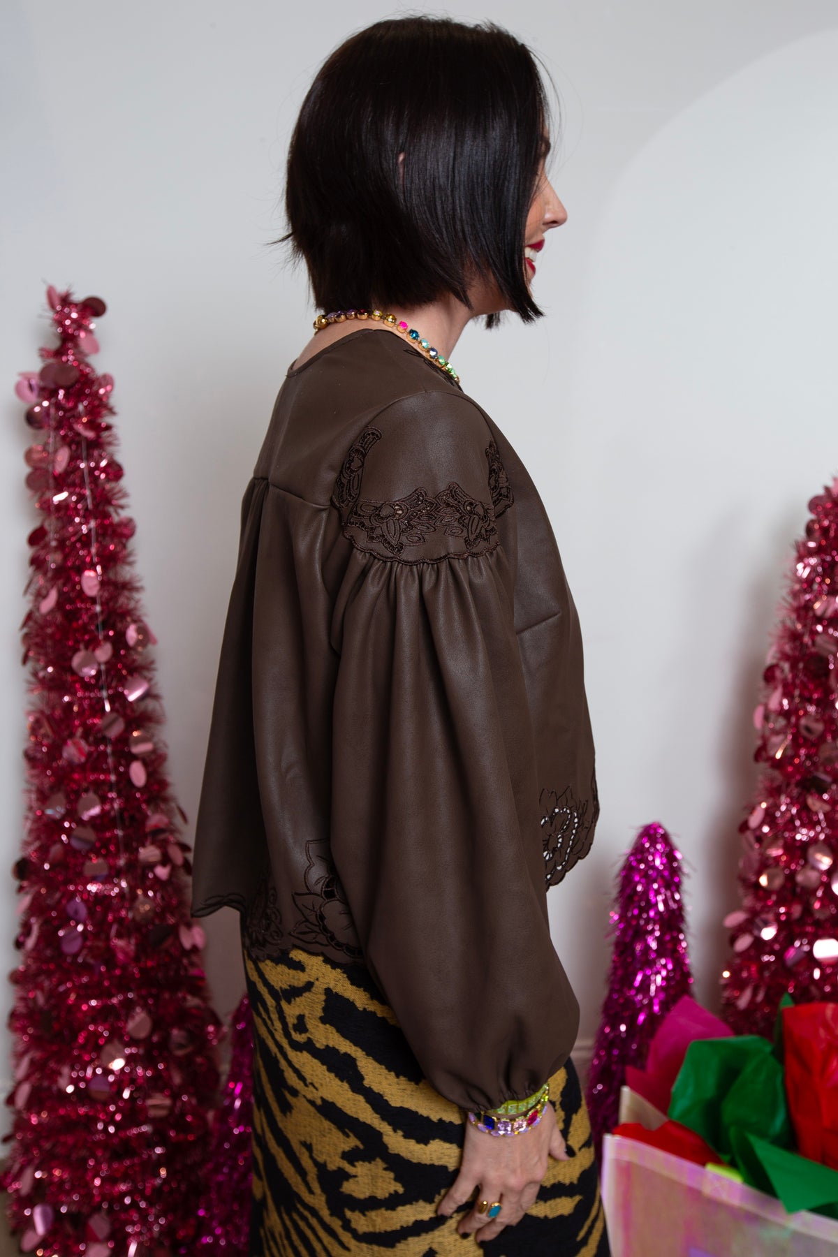 Boho Vegan Leather Embroidered Blouse