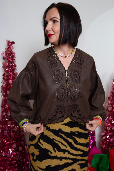 Boho Vegan Leather Embroidered Blouse