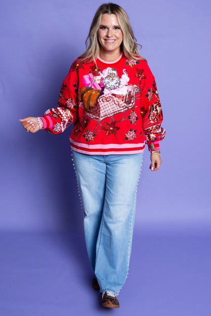 QUEEN OF SPARKLES | Red & Pink Vintage Poinsettia Santa Sweatshirt