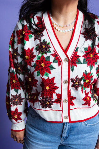 QUEEN OF SPARKLES | Poinsettia Button Up Cardigan