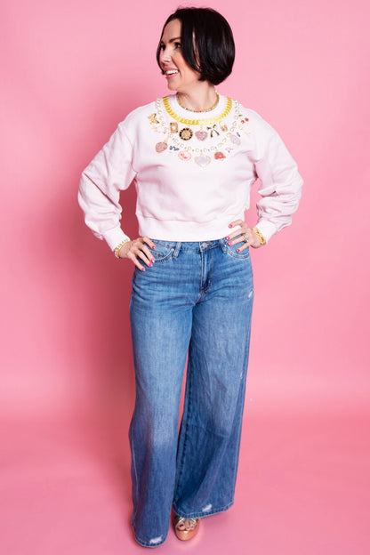 QUEEN OF SPARKLES | Pink Hearts Charm Necklace Sweatshirt