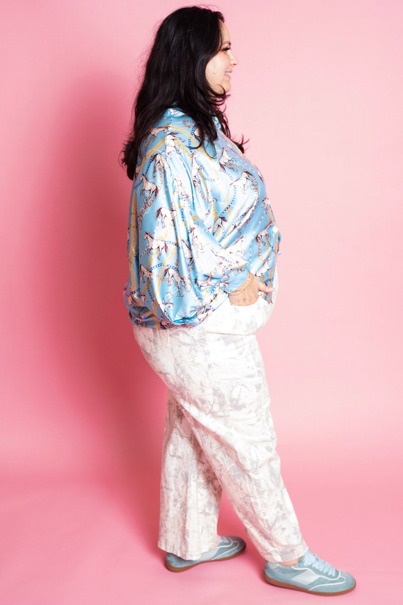 Beulah Style | Chris Multicolor Chain & Horse Printed Satin Blouse