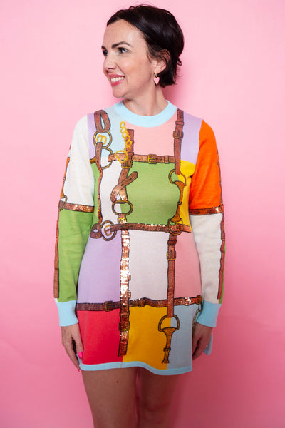 Queen Of Sparkles | Multi Colorblock Knit Horse Bit Long Sleeve Dress