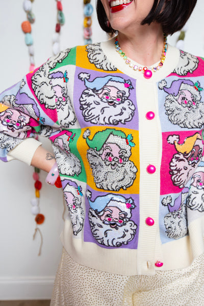 Queen Of Sparkles | Pastel Colorblock Santa Button Up Cardigan
